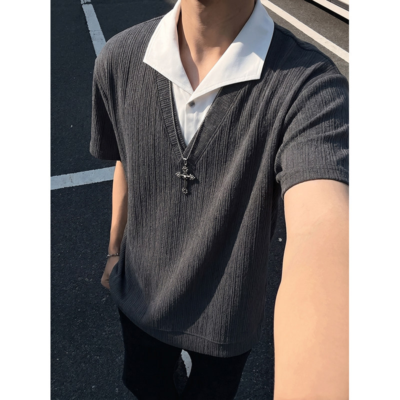 男士假两件条纹翻领美式高街肌理感冰凉短袖韩版潮流时尚夏季T恤