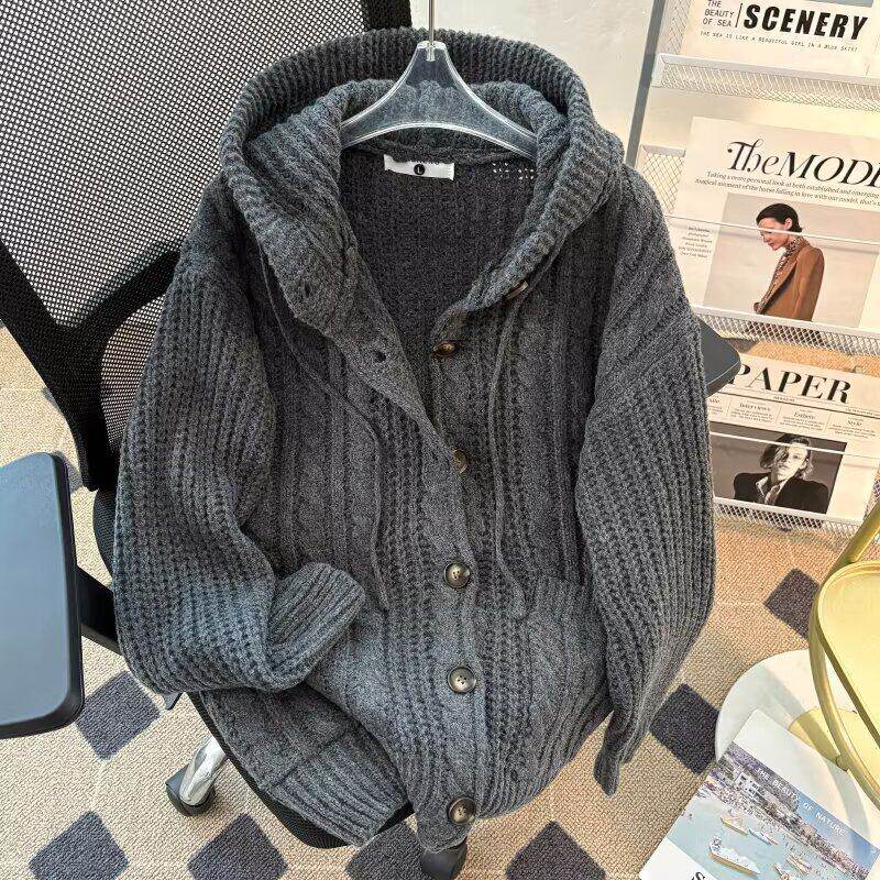 日系复古男士连帽针织开衫灰色粗棒毛衣外套宽松纯色文艺重磅加厚