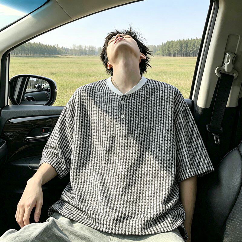 时尚男士英伦风千鸟格宽松韩版百搭潮流夏装短袖圆领涤纶休闲T恤