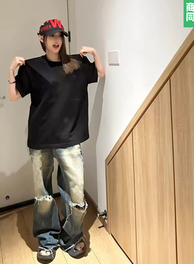 99元6件2024新款男士白色短袖T恤纯棉宽松潮牌男装欧美风情侣上衣