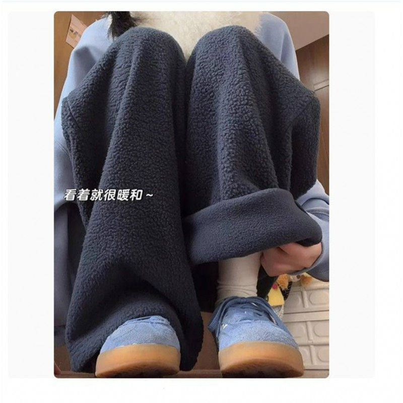 男款摇粒绒加绒加厚卫裤慵懒风拖地长裤羊羔绒保暖宽松直筒休闲裤
