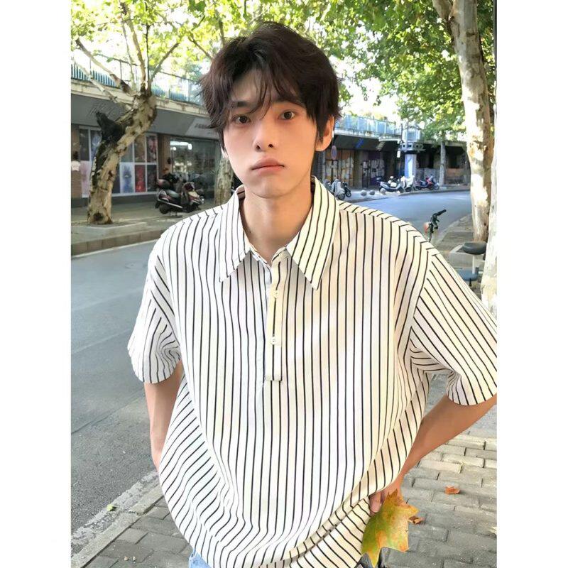 男士夏季休闲宽松大码港风条纹冰丝衬衫领韩版时尚百搭短袖T恤