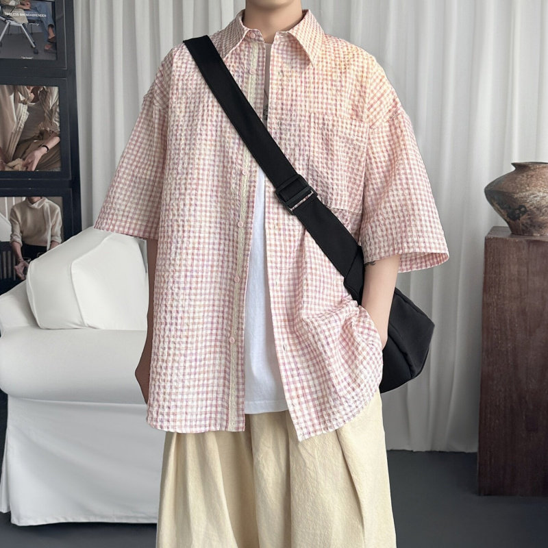 夏季韩版休闲宽松男短袖衬衫肌理泡泡纱粉色格子潮流百搭时尚衬衣