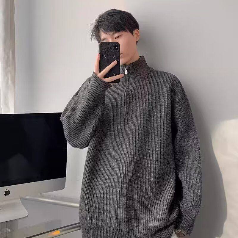 男士针织衫V领半拉链立领宽松慵懒风纯色炭灰长袖毛衣休闲外套,男装,针织衫/毛衣,淘宝优惠券,粉丝福利购,淘宝优惠卷