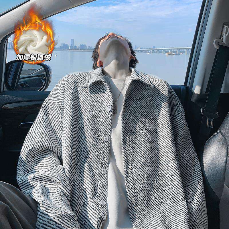 男士银狐绒夹克外套加绒加厚保暖衬衫款宽松版型港风秋冬潮上衣
