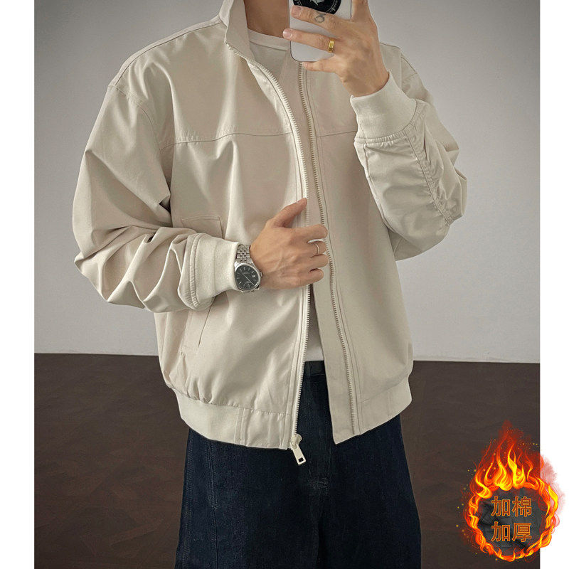 男士美式工装飞行夹克立领三防加厚棉衣外套米白色教练棉衣夹克
