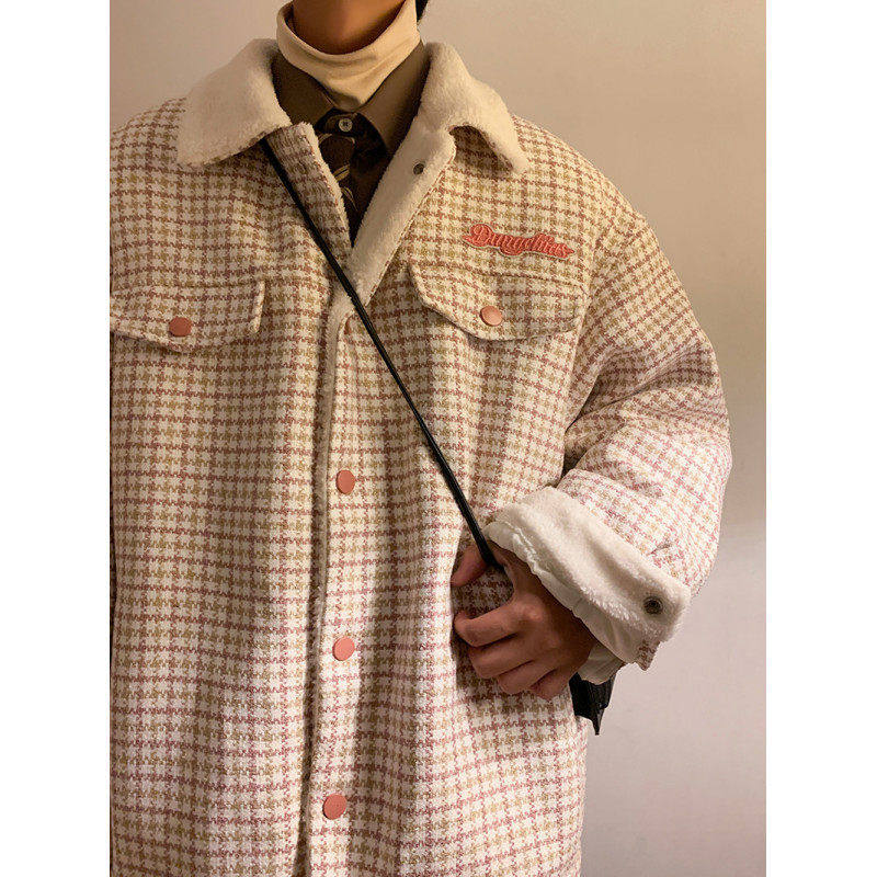 男装小香风羊羔毛翻领夹克棉衣情侣款潮牌宽松版型字母刺绣外套