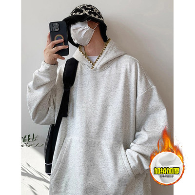 男款加绒加厚卫衣外套硬挺boxy版型高街贝壳刺绣连帽套头灰色秋冬