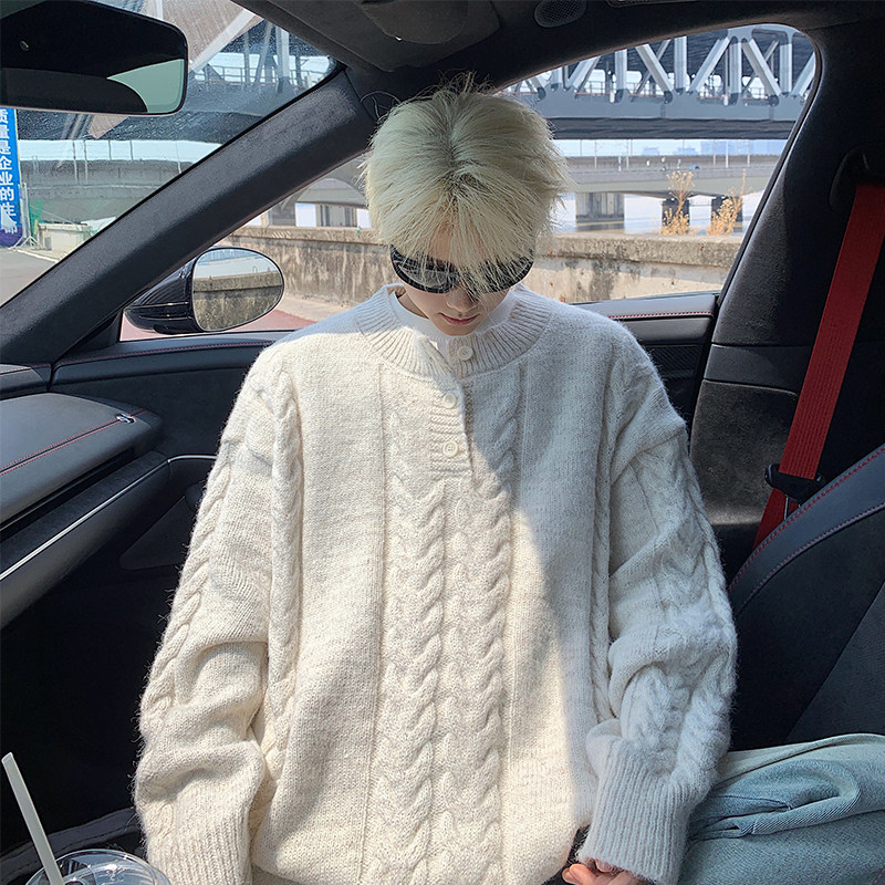 男款针织衫毛衣港风宽松套头毛衫几何提花针织上衣休闲慵懒风