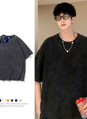 230g重磅水洗t恤情侣夏季ins潮牌大码男装黑色半袖圆领上衣体恤衫