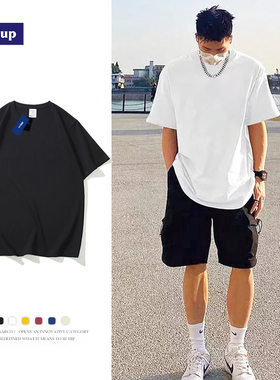 99元6件夏季美式重磅t恤男短袖纯棉纯色潮牌白色女圆领情侣打底衫