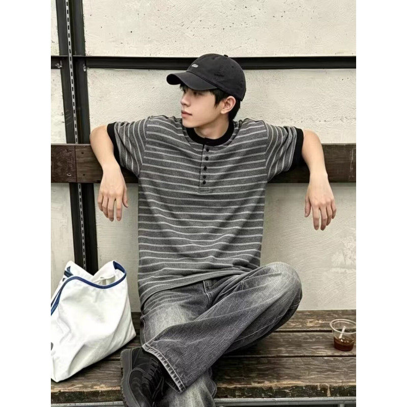 男潮牌拼色小领口条纹T恤宽松韩版休闲翻领时尚百搭潮流经典上衣