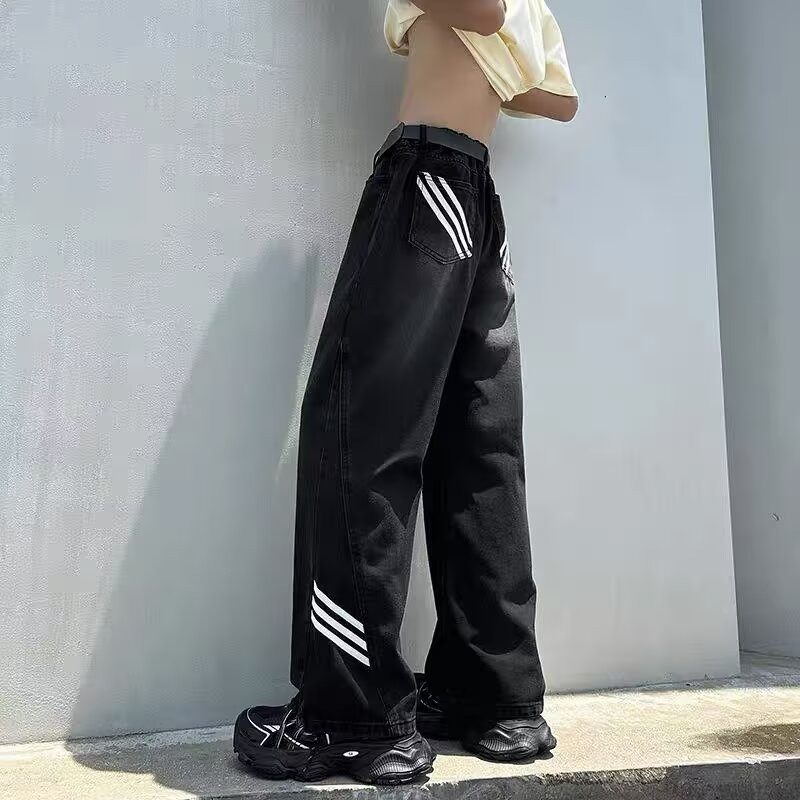 牛仔裤男宽松阔腿拖地裤美式高街潮牌运动卫裤三条杠条纹拼接黑色