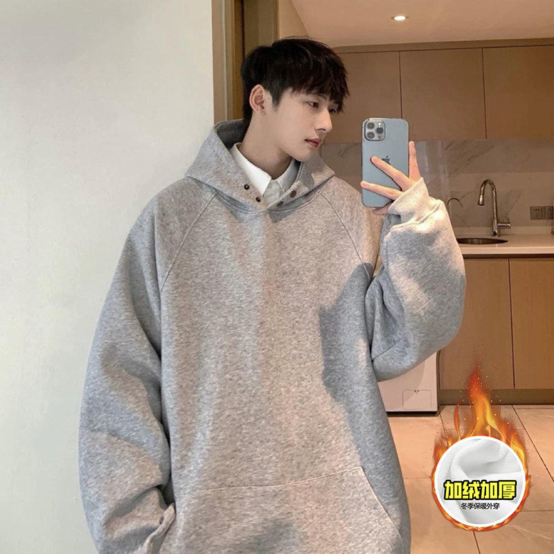美式高街boxy版型古铜两粒扣加绒加厚灰色重磅卫衣男连帽外套秋冬