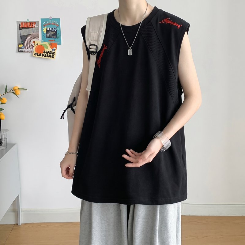 高品质男士夏季华棉刺绣宽松无袖T恤潮流个性简约百搭短款背心