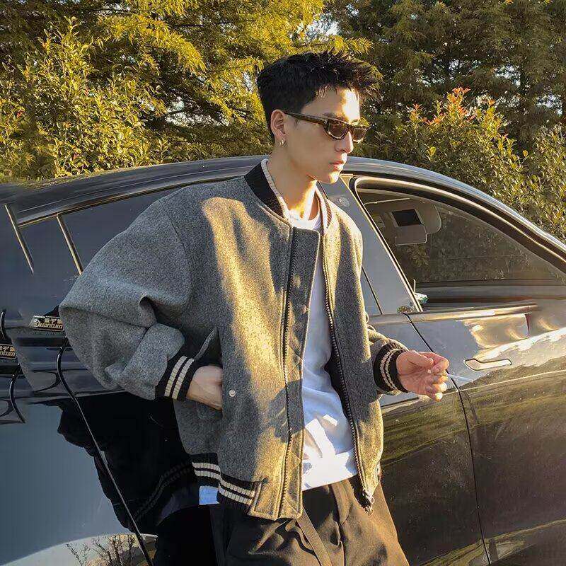 美式复古男士短款毛呢棒球服外套灯芯绒潮流飞行员夹克休闲百搭