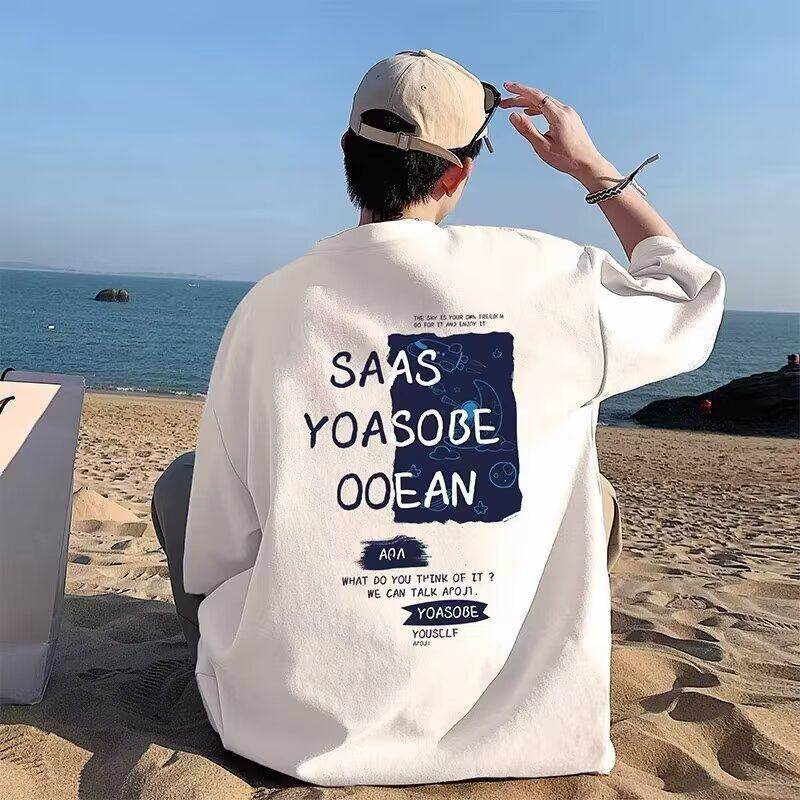 男童长袖T恤早秋薄款宽松纯棉印花黑色圆领韩版时尚百搭休闲衫