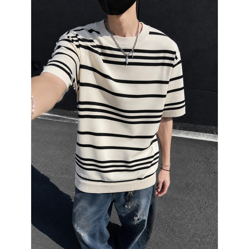 高级轻熟老钱风韩版男士短袖宽松条纹凉感针织衫圆领夏季薄款毛衣