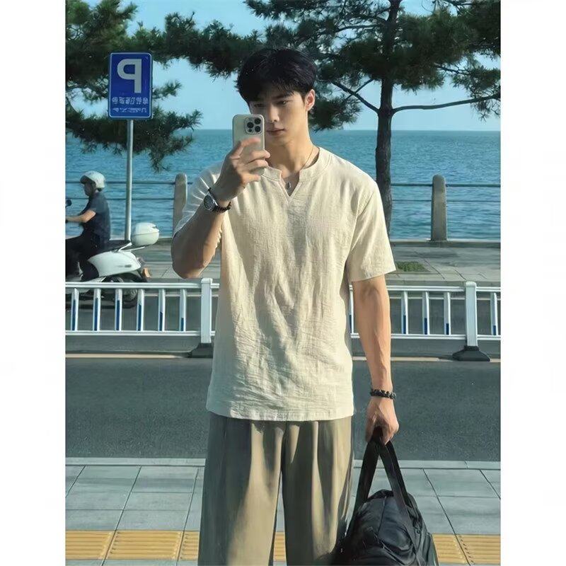 男V领短袖T恤宽松韩版休闲纯色夏季薄款舒适透气冰丝简约质感半袖