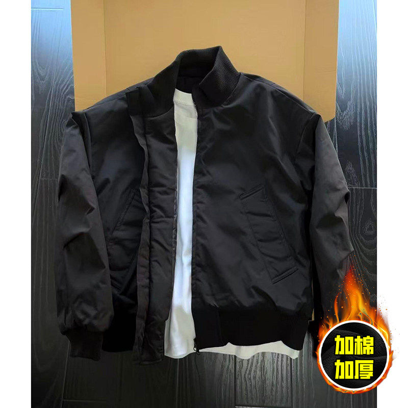 冬季男士黑色立领棒球服夹克外套廓形高街加厚保暖棉衣纯色无帽