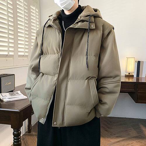 男士短款连帽棉衣宽松休闲纯色加厚保暖秋冬黑色外套时尚潮流棉服