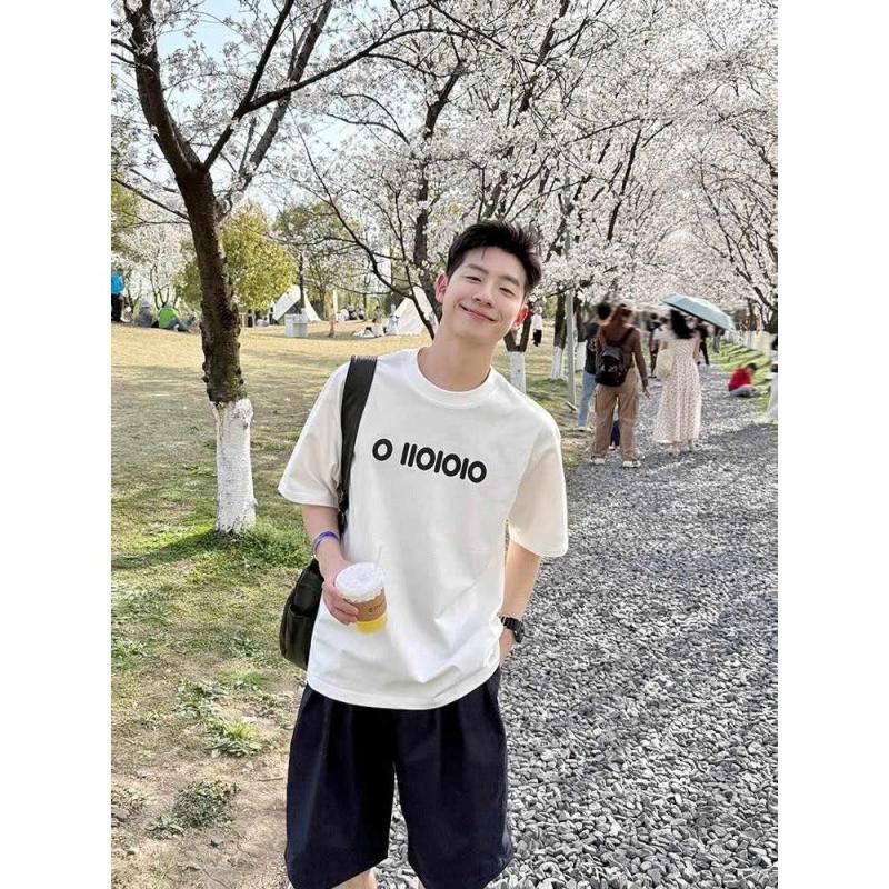 男士夏季宽松韩版重磅纯棉字母印花圆领套头潮流休闲时尚短袖T恤