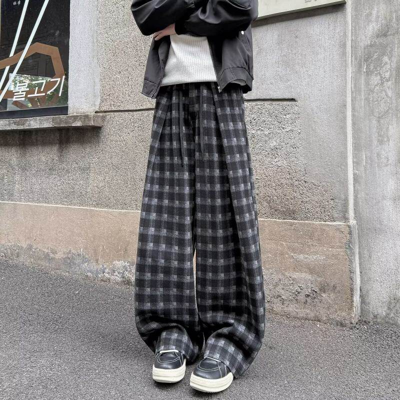 男款宽松全松紧腰格纹休闲裤慵懒风原宿气质流行百搭春装新款裤子