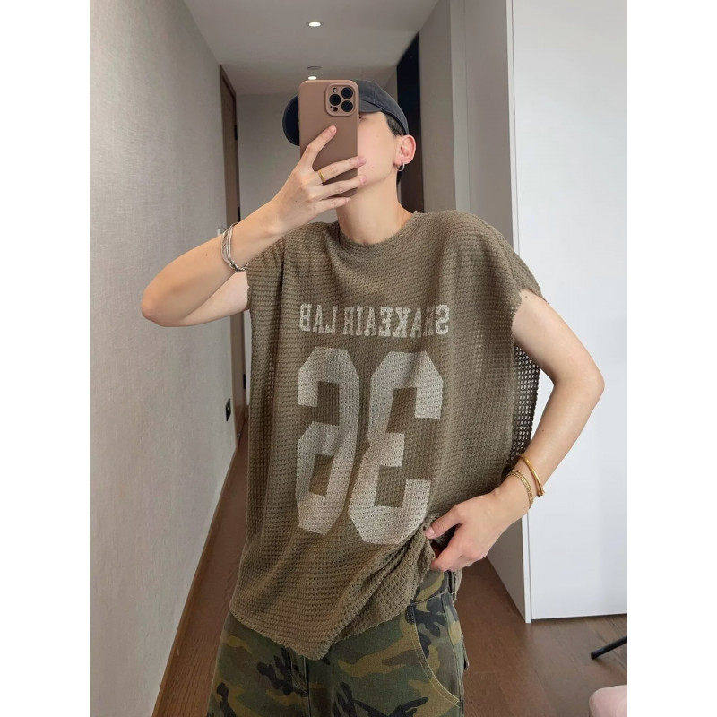男款宽松休闲潮牌美式复古网眼字母印花破洞露肩短袖T恤百搭黑色T