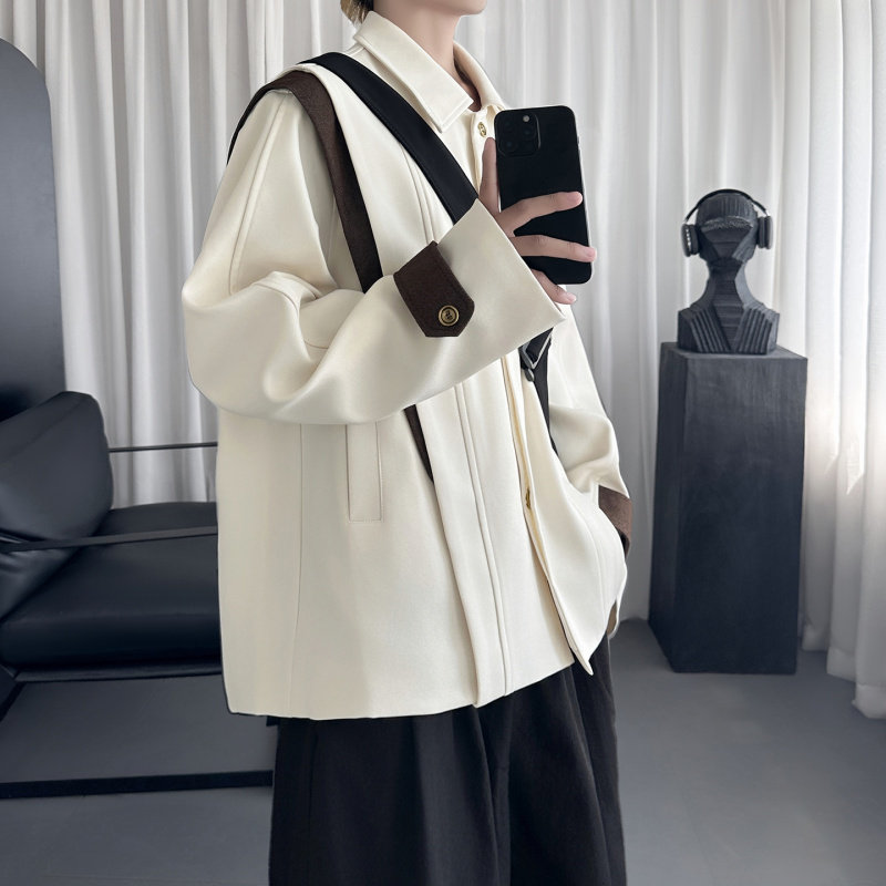 男士秋季痞帅飞肩撞色衬衫领宽松夹克外套设计感上衣潮流休闲夹克