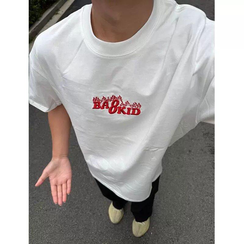 美式潮牌重磅纯棉宽松刺绣白色短袖印花圆领高街青少年休闲男T恤