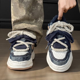 小众设计感厚底增高面包鞋男女2026春季新款溶解鞋情侣款牛仔板鞋