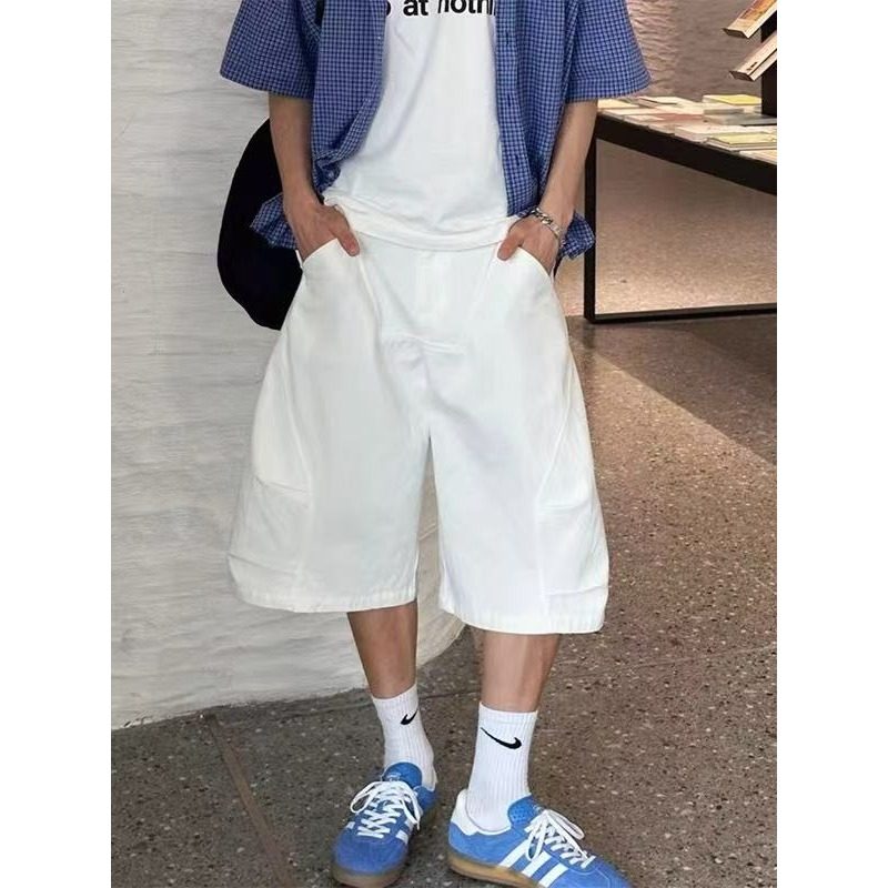 夏季美式潮牌打褶廓形弯刀宽松男士牛仔裤纯白色高街工装牛仔短裤