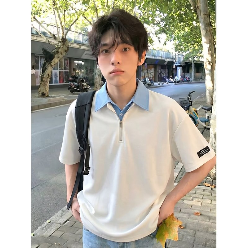 男夏季冰凉曼巴棉假两件翻领短袖T恤宽松美式高街韩版百搭拉链Tee