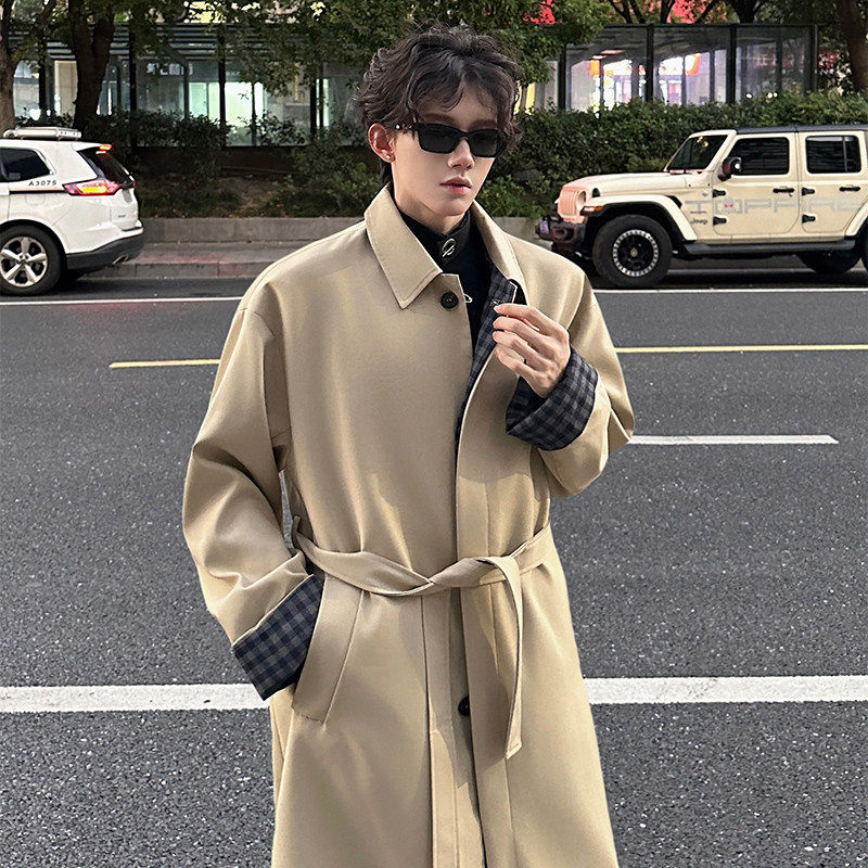 男士风衣中长款韩版宽松英伦格子拼接单排扣纯色系带米色外套