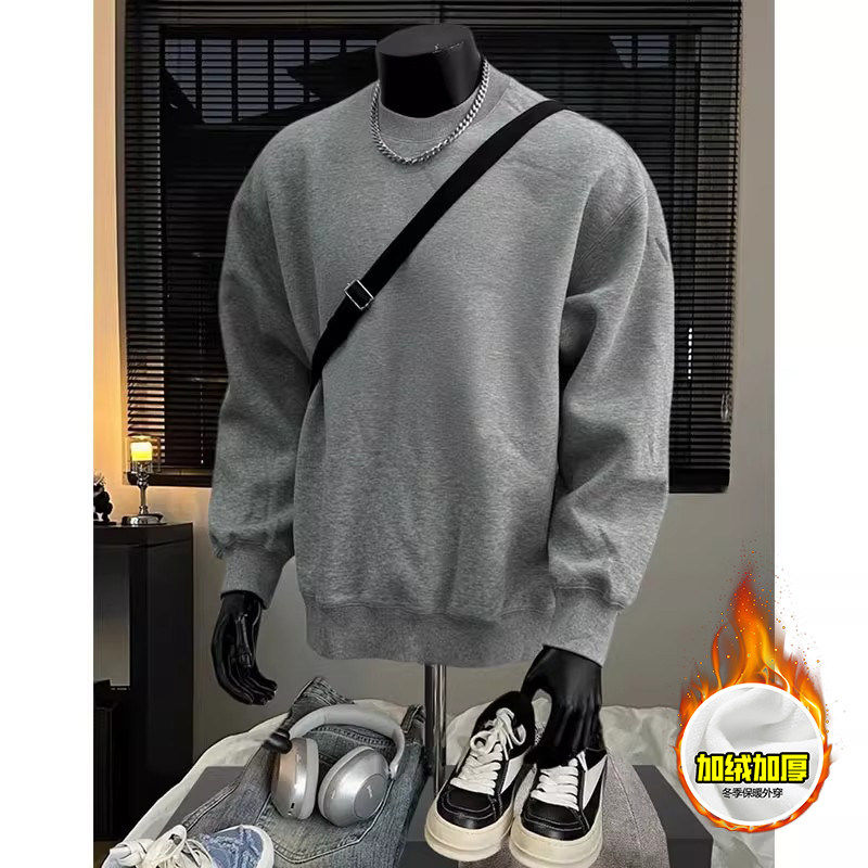 男款加绒加厚硬挺短款圆领卫衣美式高街宽松廓形套头无帽灰色纯色
