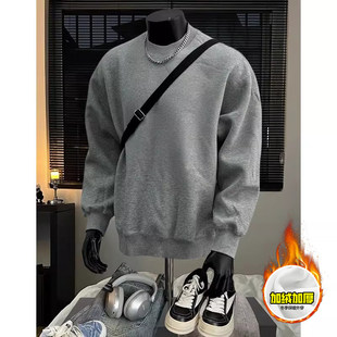 男款加绒加厚硬挺短款圆领卫衣美式高街宽松廓形套头无帽灰色纯色