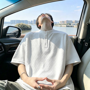 男士白色华夫格正肩短袖T恤美式亨利立领休闲高级感复古潮流T恤衫