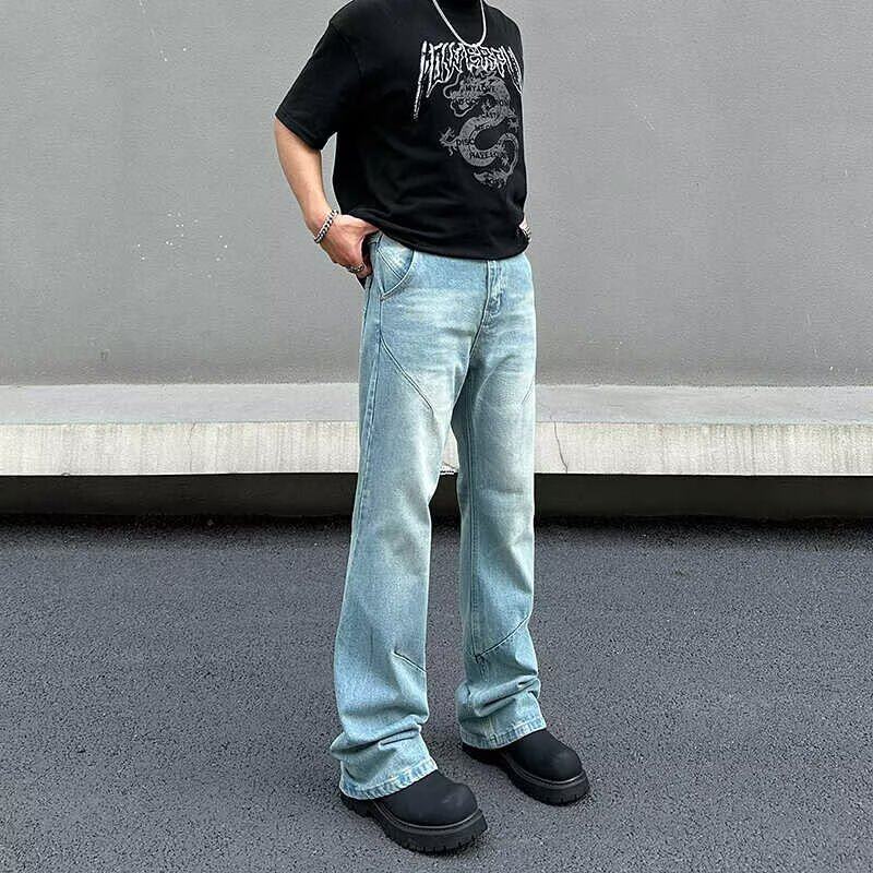 男美式高街复古潮流原宿直筒微喇浅蓝色纯色猫须折痕做旧牛仔裤