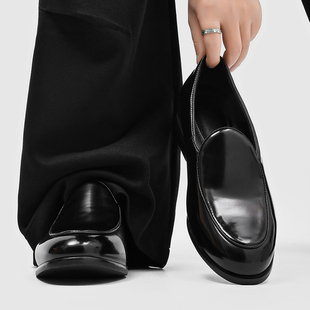 隐形内增高5cm黑色德比鞋男款黑色复古通勤一脚蹬乐福鞋休闲皮鞋