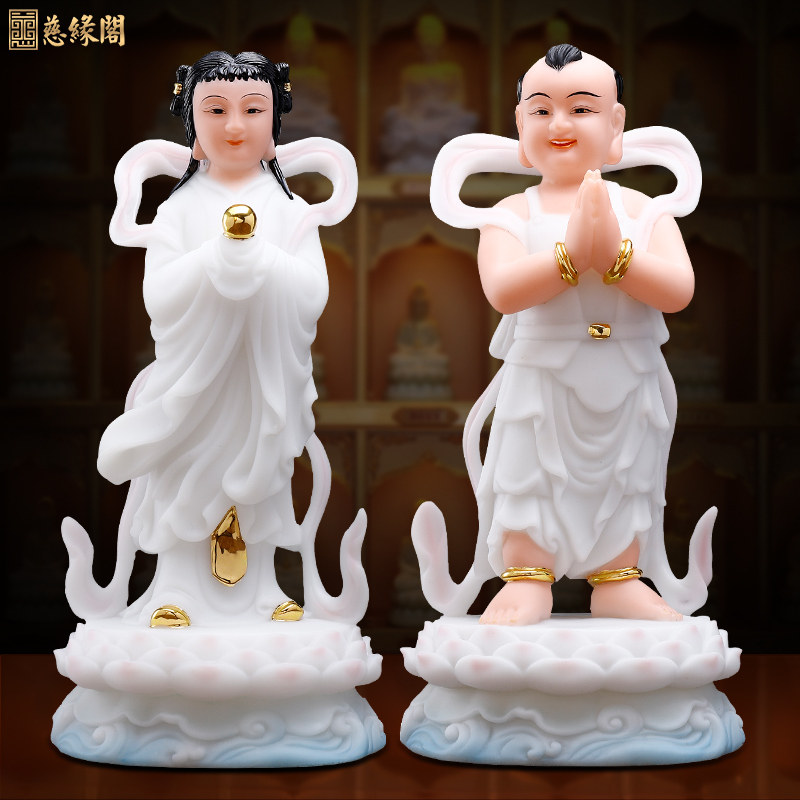 慈缘阁汉白玉童男童女金童玉女摆件佛像善财童子龙女像家用供奉