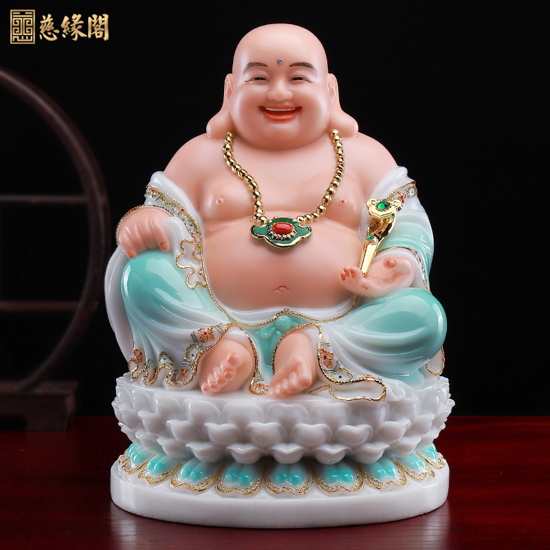 慈缘阁汉白玉天润点翠大肚笑佛弥勒佛佛像包衣弥勒菩萨像居家摆件