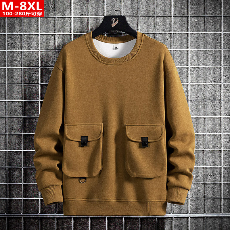 春秋潮流男装时尚立体贴袋圆领针织棉卫衣胖大码加肥运动休闲
