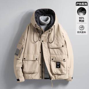 大码工装羽绒服男冬季新款保暖加绒加厚宽松胖子加肥加大鸭绒外套