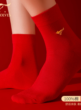 七匹狼大红色袜子男士本命年2026马年纯棉结婚防臭吸汗男款全棉袜