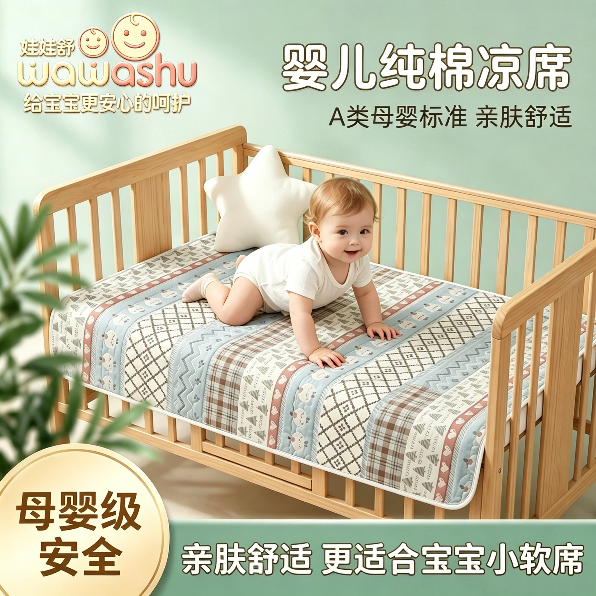 新生婴儿夏季凉席宝宝A类纯棉吸汗透气纱布软席幼儿园儿童凉垫子