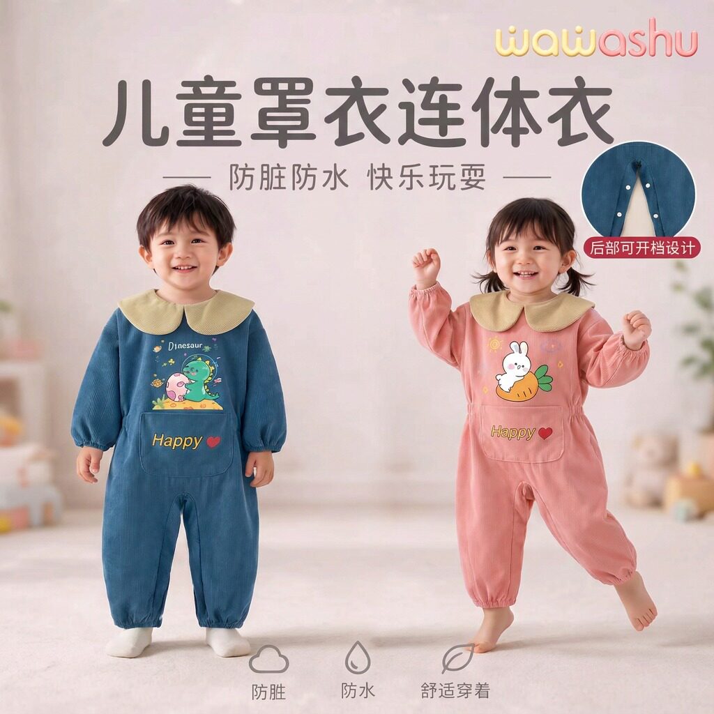 宝宝爬爬服罩衣秋冬一体式爬行服儿童外出防脏护衣婴儿户外连体衣