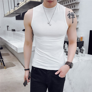 2023港仔男士运动无袖坎肩汗衫背心夏季打底宽肩高领男生学院风潮