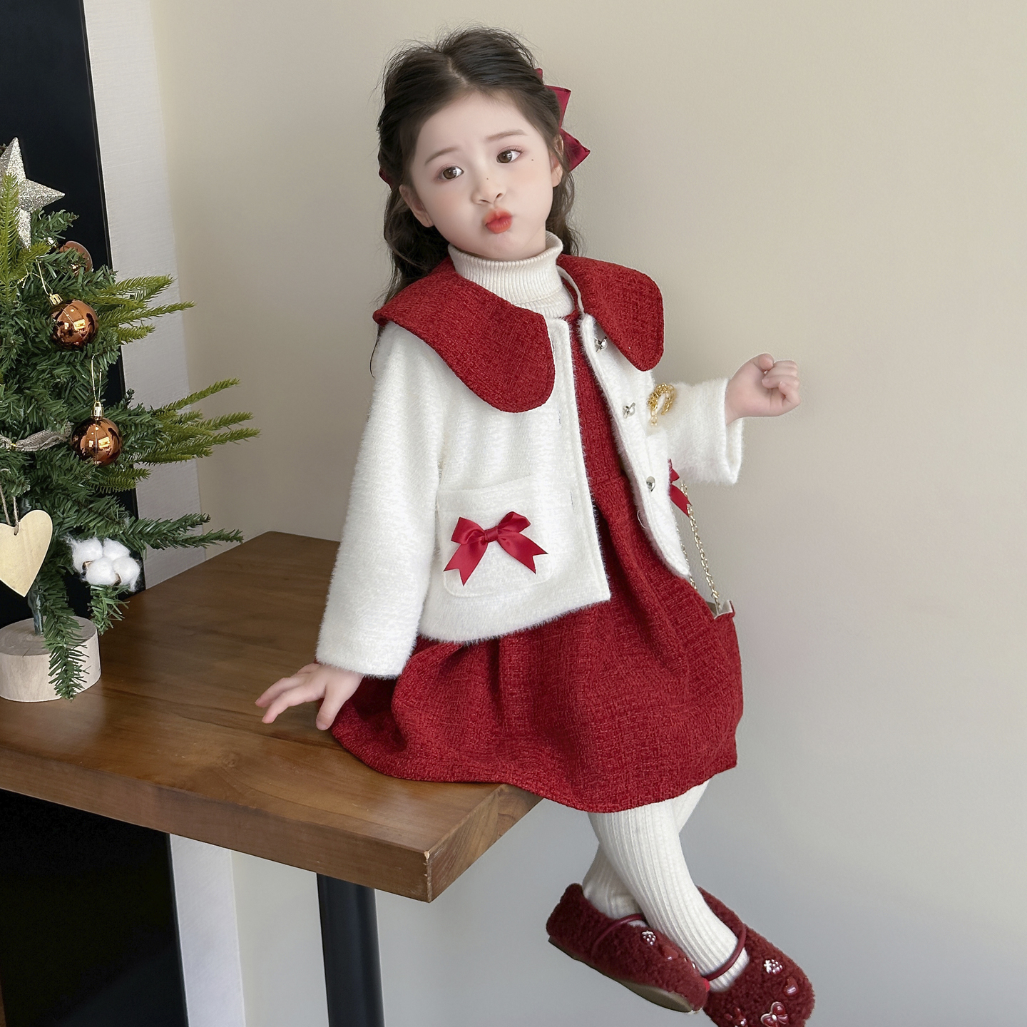 Uamtor女童娃娃领毛呢连衣裙套装