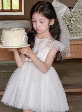 法国Uamtor女小童夏季白色生日礼服飞袖公主连衣裙蓬蓬裙周岁韩系