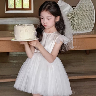 法国Uamtor女小童夏季白色生日礼服飞袖公主连衣裙蓬蓬裙周岁韩系